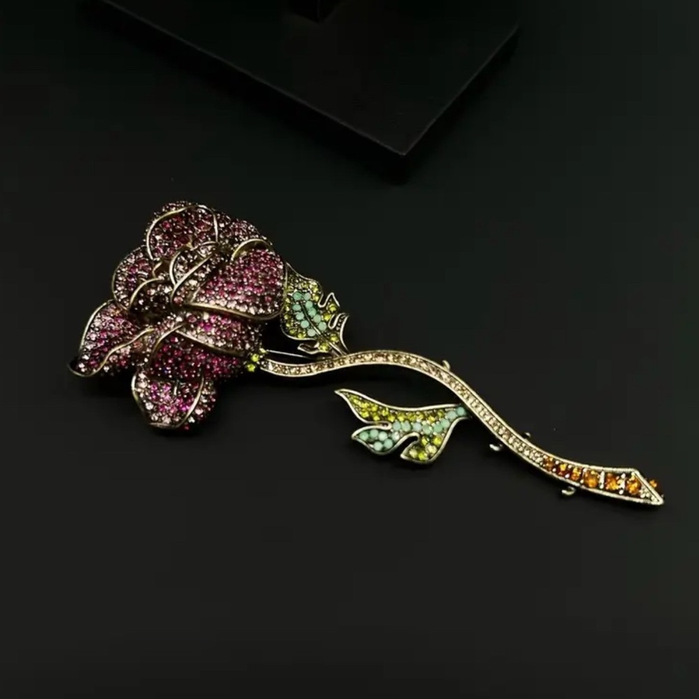 VINTAGE ROSE LARGE RHINESTONE BROOCH - Picture 2 of 6